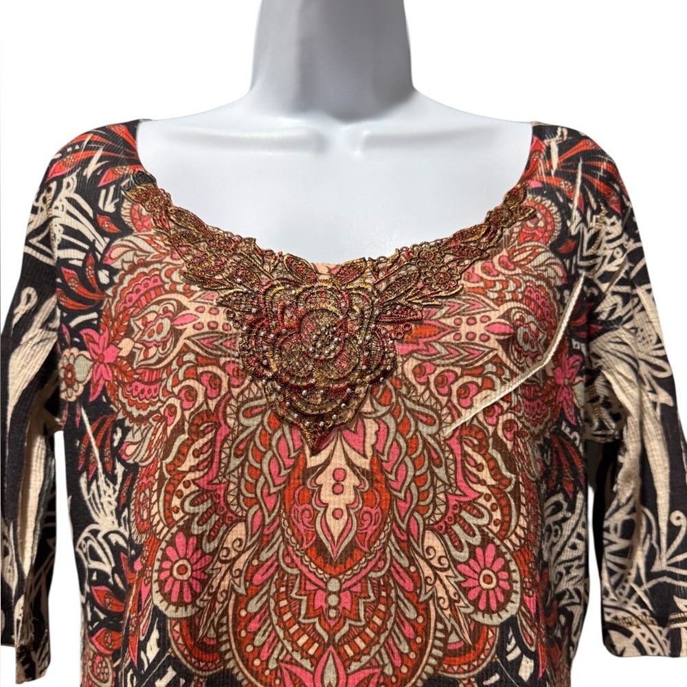 One World Bohemian Print Top With Red And Black A… - image 2
